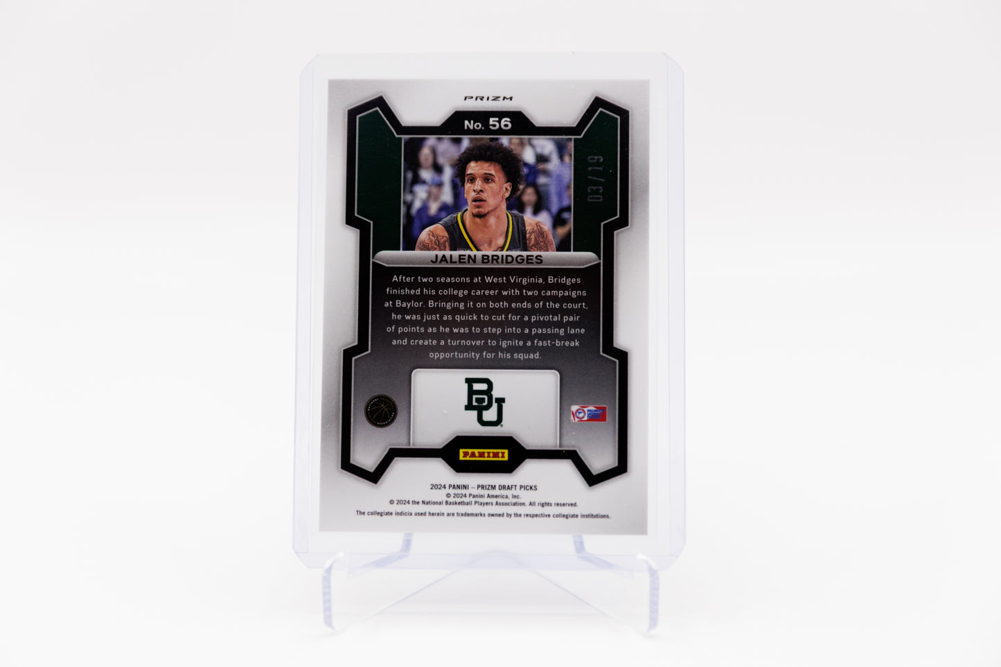 2024-25 Panini Prizm Draft Picks Jalen Bridges Rookie Card Blue Shimmer FOTL /19