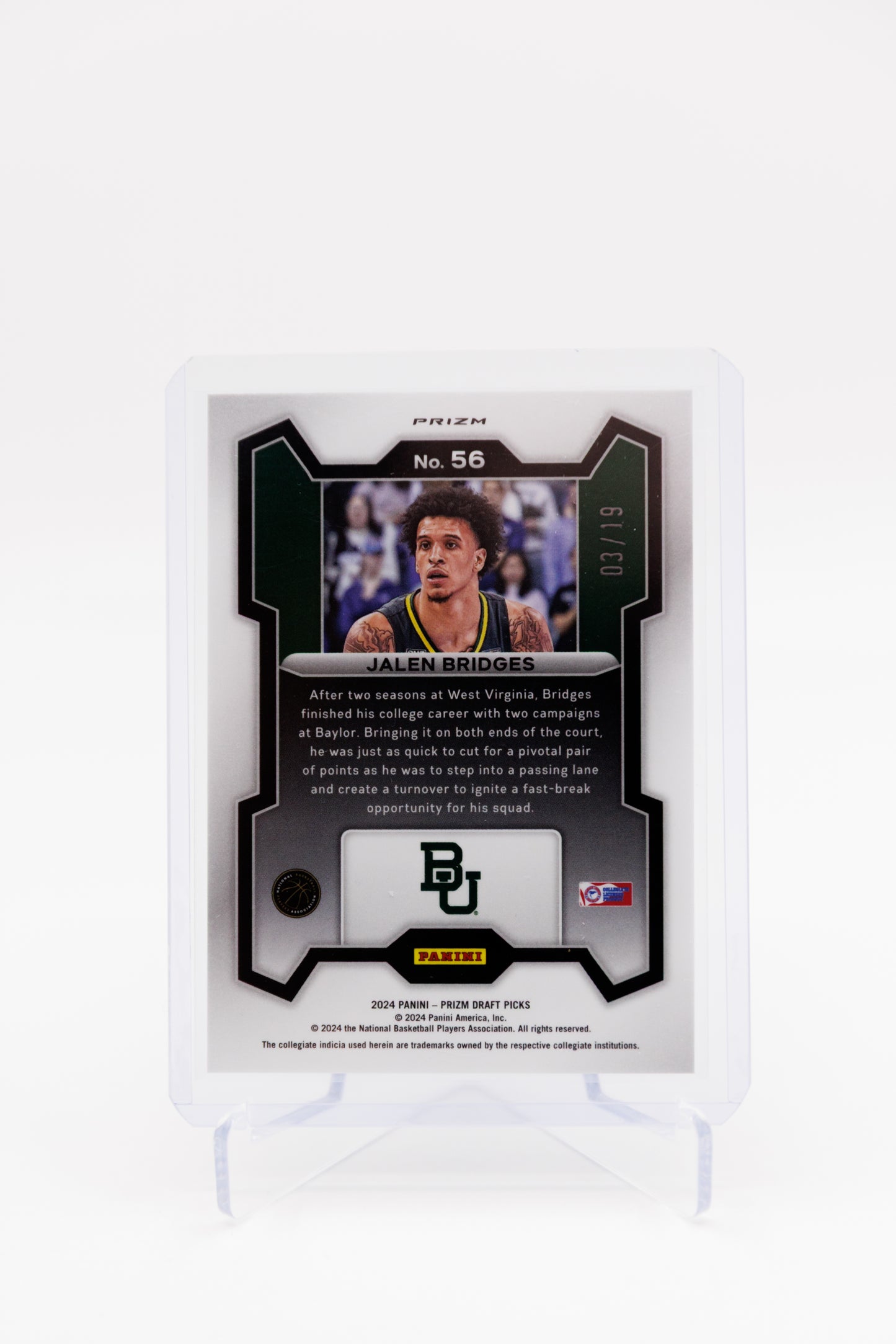 2024-25 Panini Prizm Draft Picks Jalen Bridges Rookie Card Blue Shimmer FOTL /19